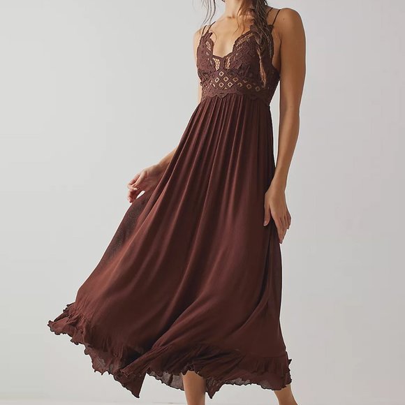 NEW Free People FP One Adella Long Maxi Slip Dress Crochet Lace Chocolate $128 L - Picture 3 of 10